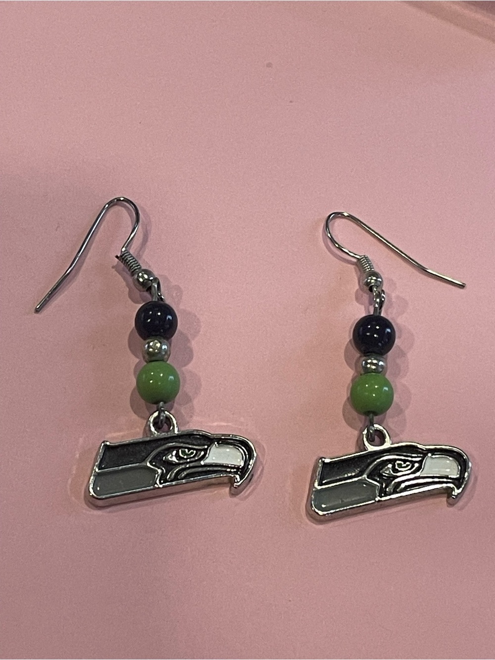 Seattle Seahawks Dangle Earrings Fan Beads w/ Charm #6816